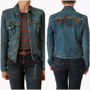 Vintage Women’s Fiorucci Distressed Denim Jacket Floral Embroidered Sz Med